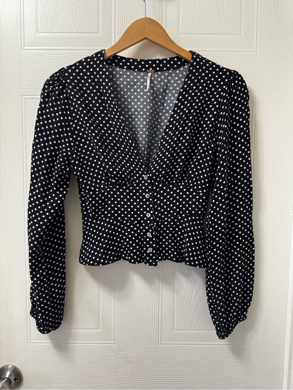 Free People Black and White Polka Dot V-Neck Button Front Blouse